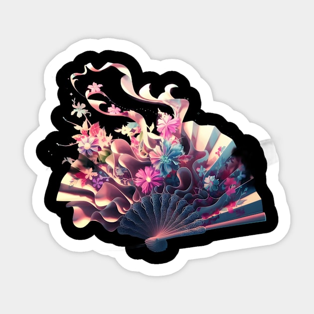 Colorful and Artistic Depiction of a Blooming Flower Arrangement Emerging from an Open Fan, Inspired by Traditional Japanese Art Sticker by animegirlnft